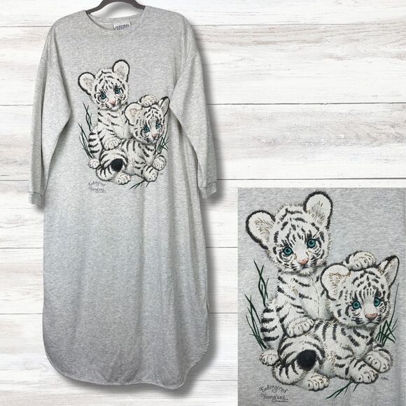 Vtg Endangered Younguns Nightgown Youth Small Sleep Sweatshirt Pajama 90s Granny